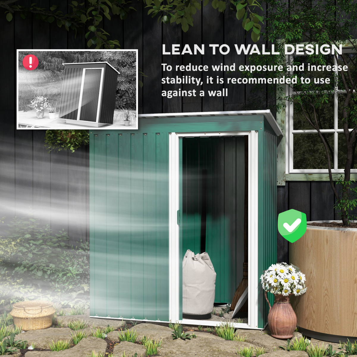 Garden Storage Shed Sliding Door Sloped Roof Tool Green 5 x 3ft