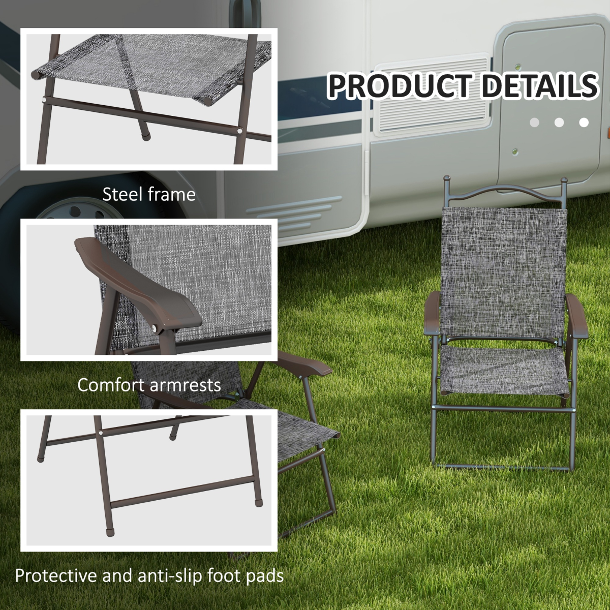 Folding Chairs Set with Armrest, Breathable Mesh Fabric Seat, Grey