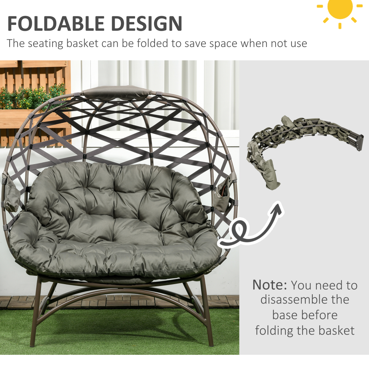 2 Seater Egg Chair Outdoor with Cushion, Cup Pockets - Sand Brown