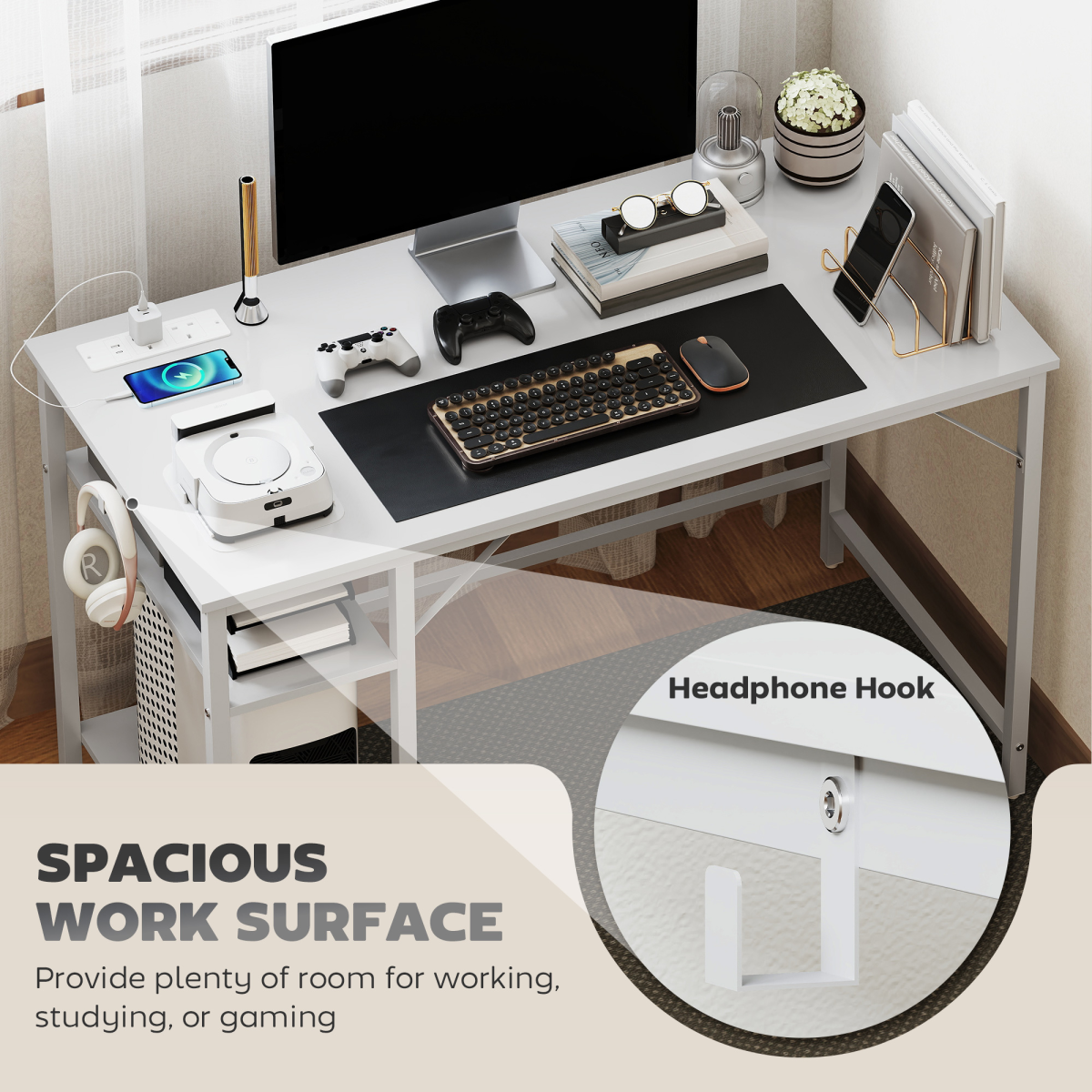 Home Office Desk Reversible Study Table for Bedroom White 120 x 60 cm
