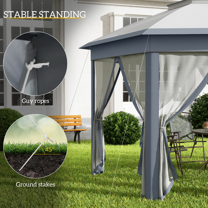 Hexagon Pop Up Gazebo Double Roof Netting, 4m x 4m, Grey w/ Mesh, 4x4m