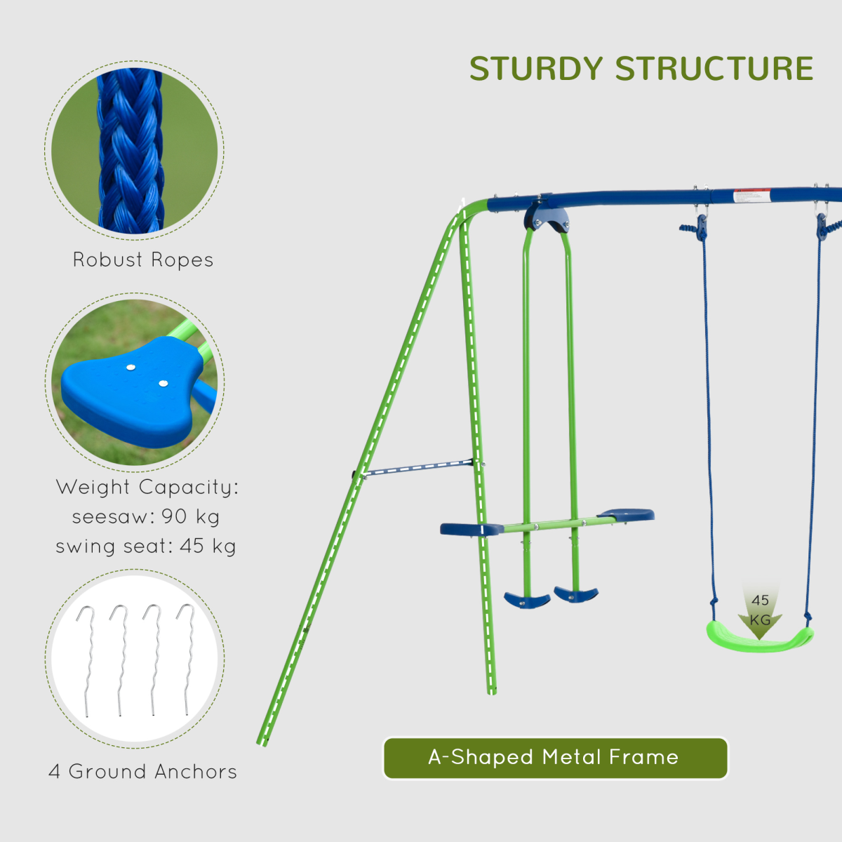 Metal 2 Swings & Seesaw Set Height Adjustable Outdoor Play Set, Green
