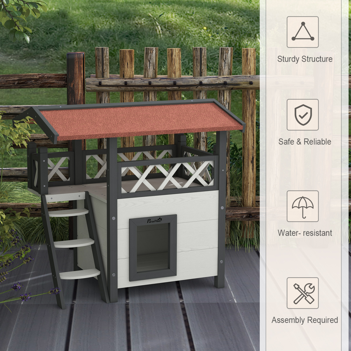 Outdoor Cat House with Balcony Stairs Roof, White