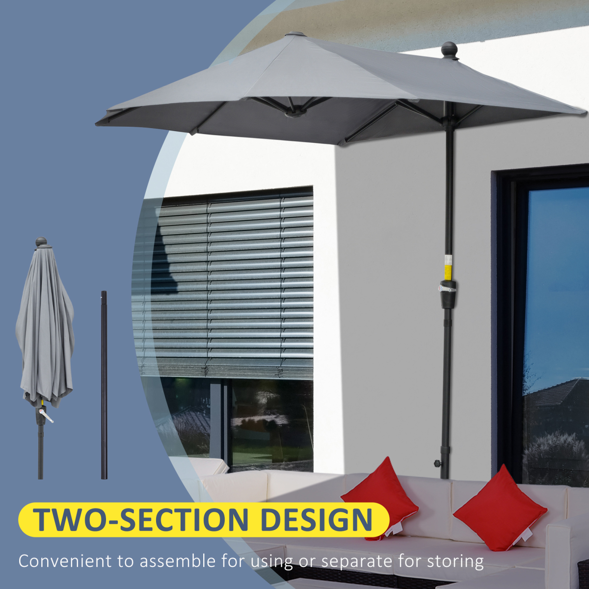2m Half Garden Parasol Market Umbrella w/ Crank Handle, Base Dark Grey