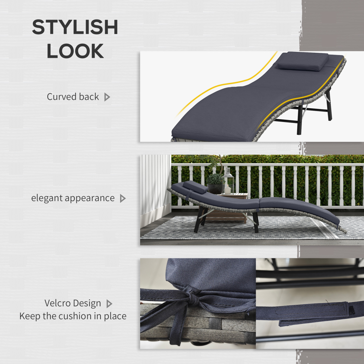 Folding Rattan Sun Lounger Outdoor Chair with Cushion and Pillow, Grey