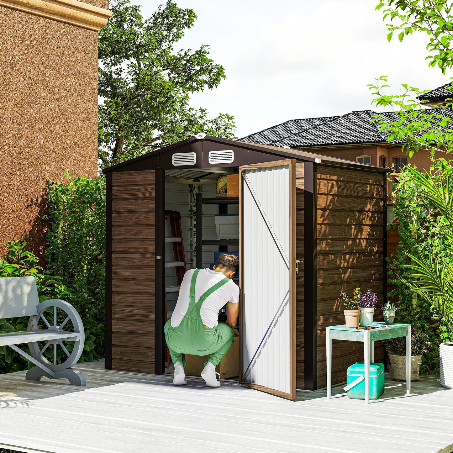 6.2 x 4.3ft Garden Metal Shed with Vent for Garden, Patio, Oak