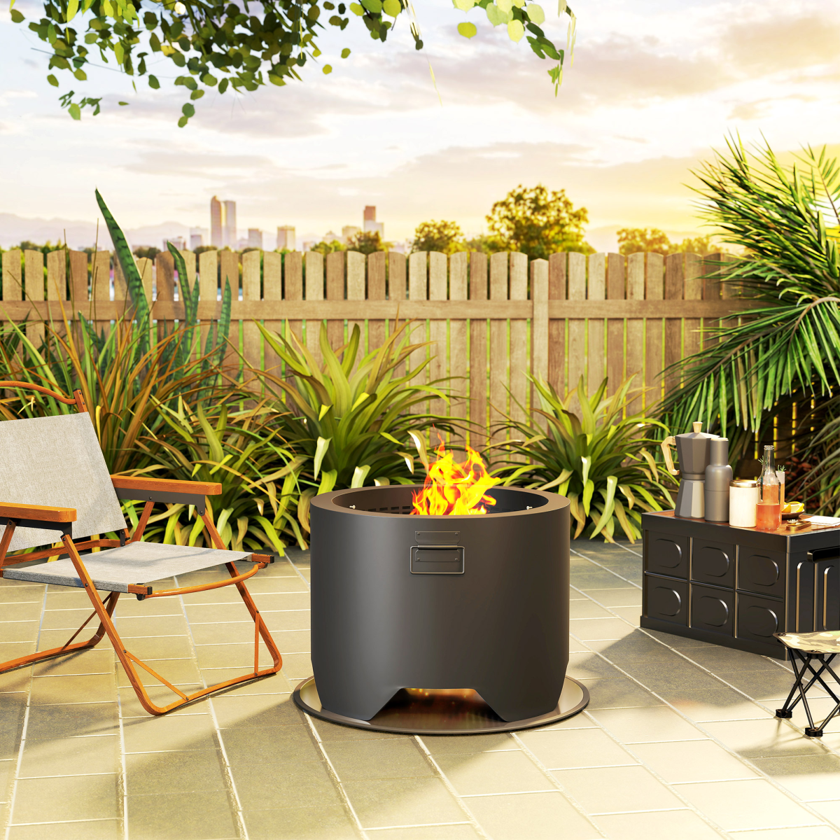 Outdoor Round Fire Pit with Lid, Firepit with Fire Poker, Black
