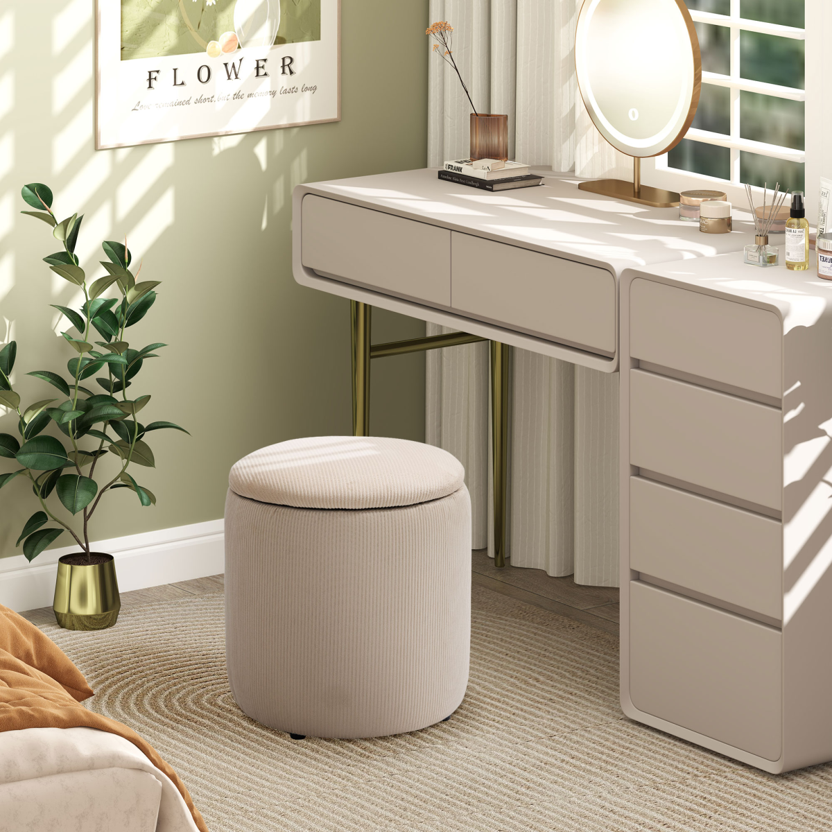 Modern Fabric Storage Ottoman with Removable Lid, Set of 2, Cream White