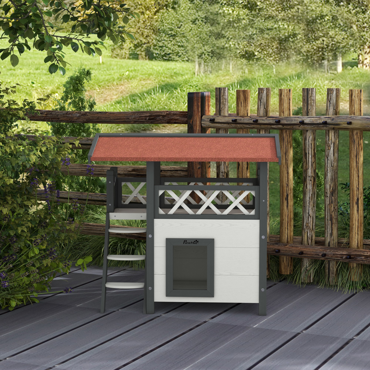 Outdoor Cat House with Balcony Stairs Roof, White