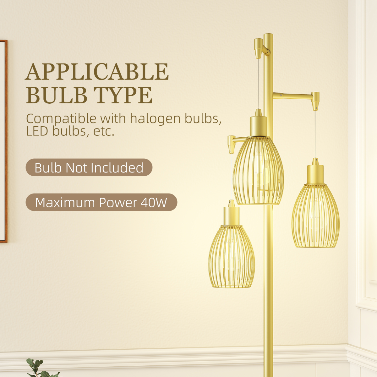 Industrial 3-Light Floor Lamp Dimmable Standing Lamp, Gold