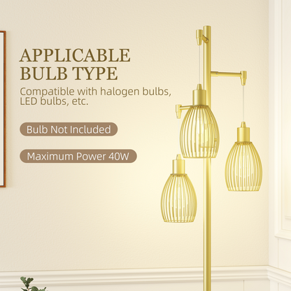 Industrial 3-Light Floor Lamp Dimmable Standing Lamp, Gold