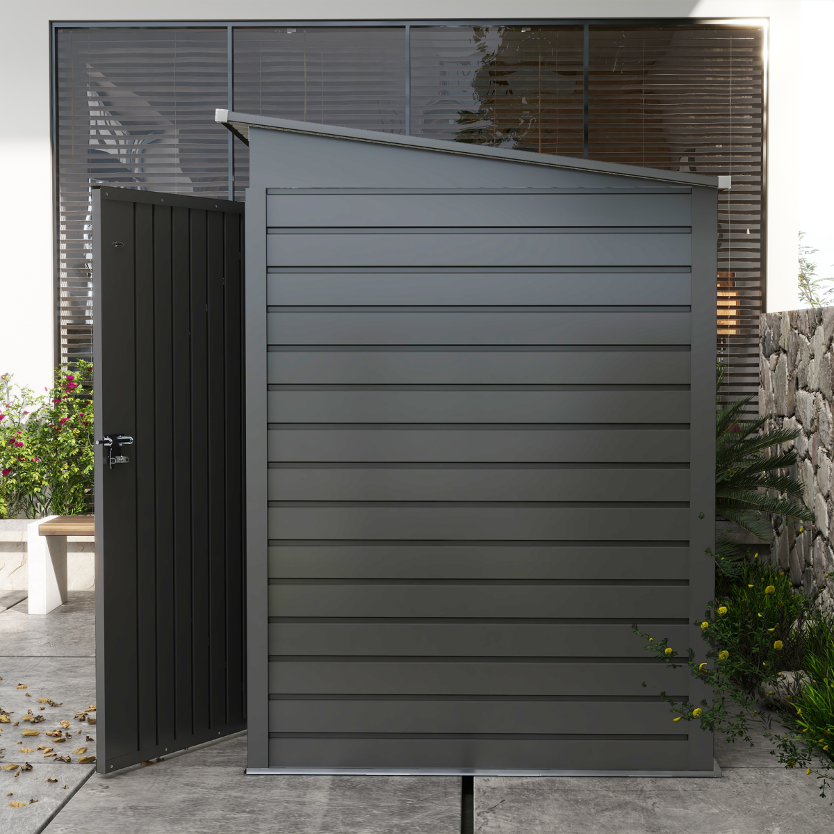 6.3 x 4.3FT Galvanised  Metal Garden Shed with Lockable Door, Grey