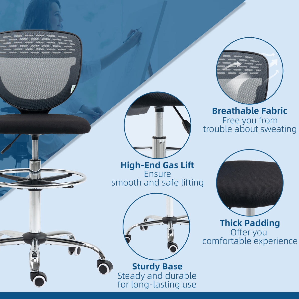 Draughtsman Chair, Tall Office Chair with Lumbar Support, Grey