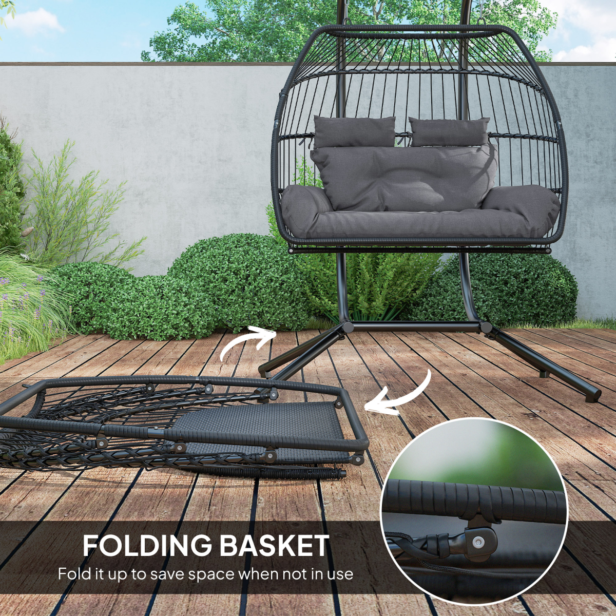Rattan Double Hanging Egg Chair with Stand, Cushion, Dark Grey