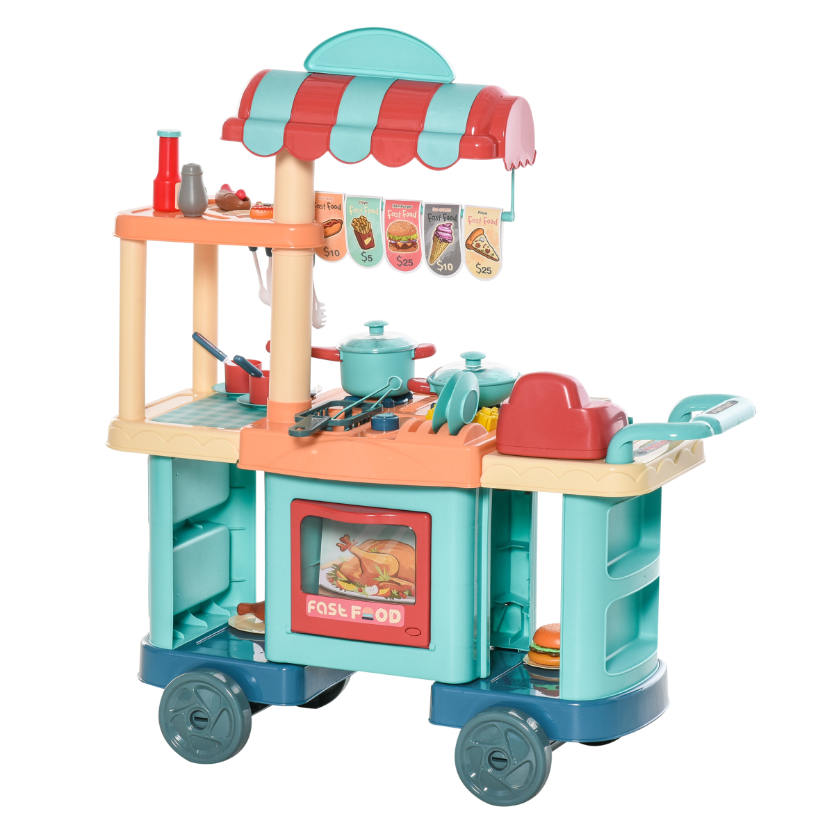 Kids Kitchen Play set Pretend Trolley Cart Toys for Age 3-6 50 Pcs