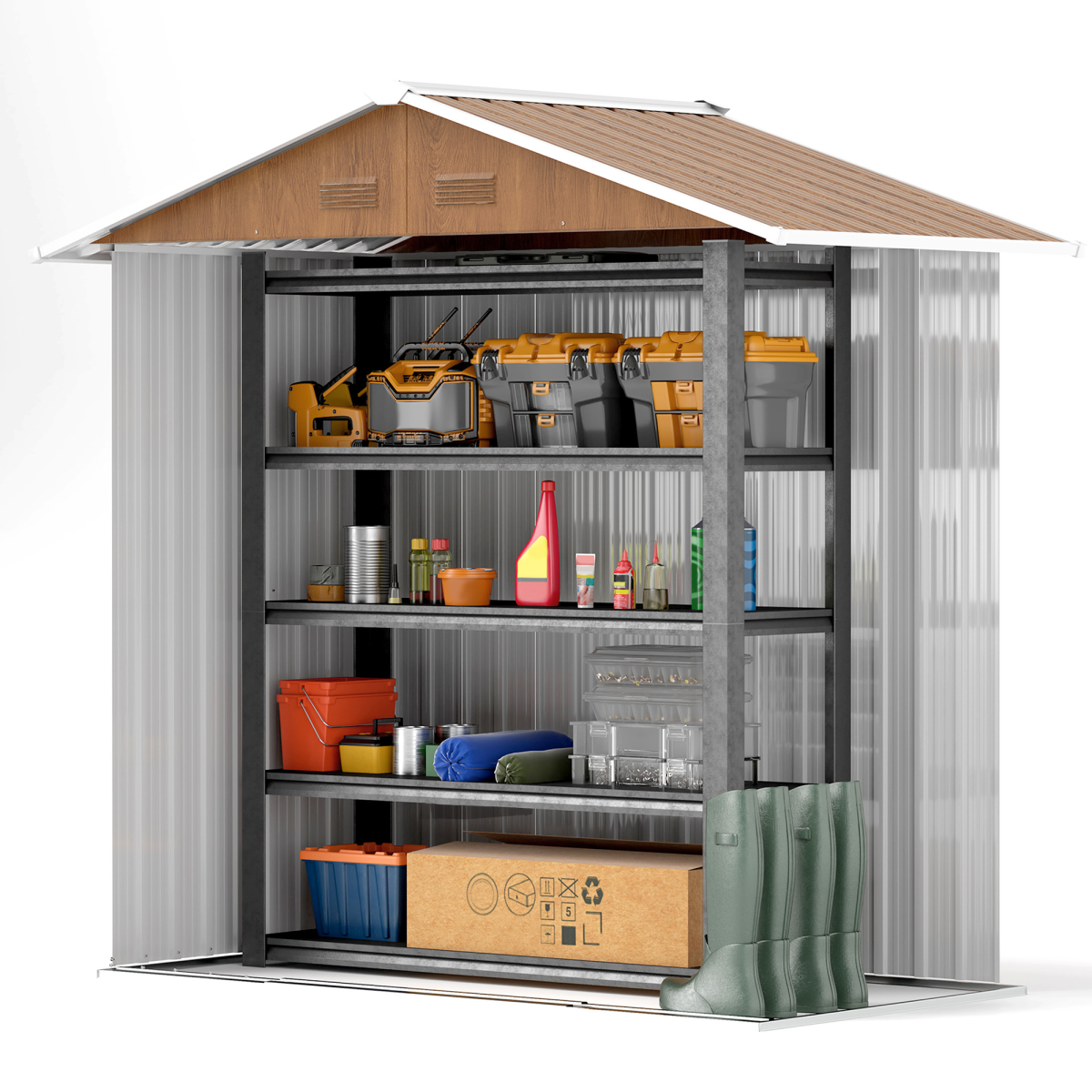 6.5x3.5ft Metal Garden Shed for Garden, Brown Wood Effect