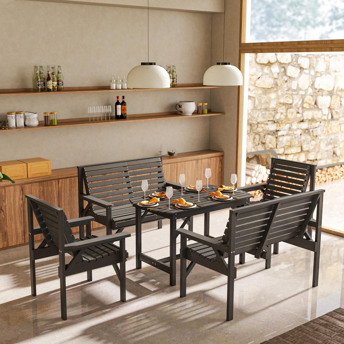 Patio Dining Set Wooden Table and Chairs w/ Umbrella Hole Grey 5PC
