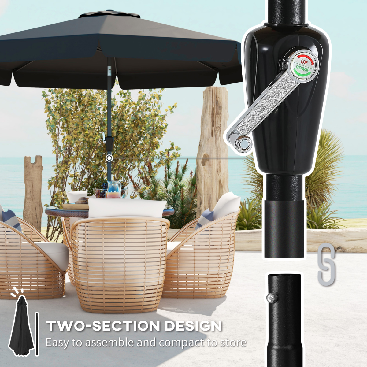 2.7m Patio Umbrella Garden Parasol with Crank, Ruffles, 8 Ribs, Black