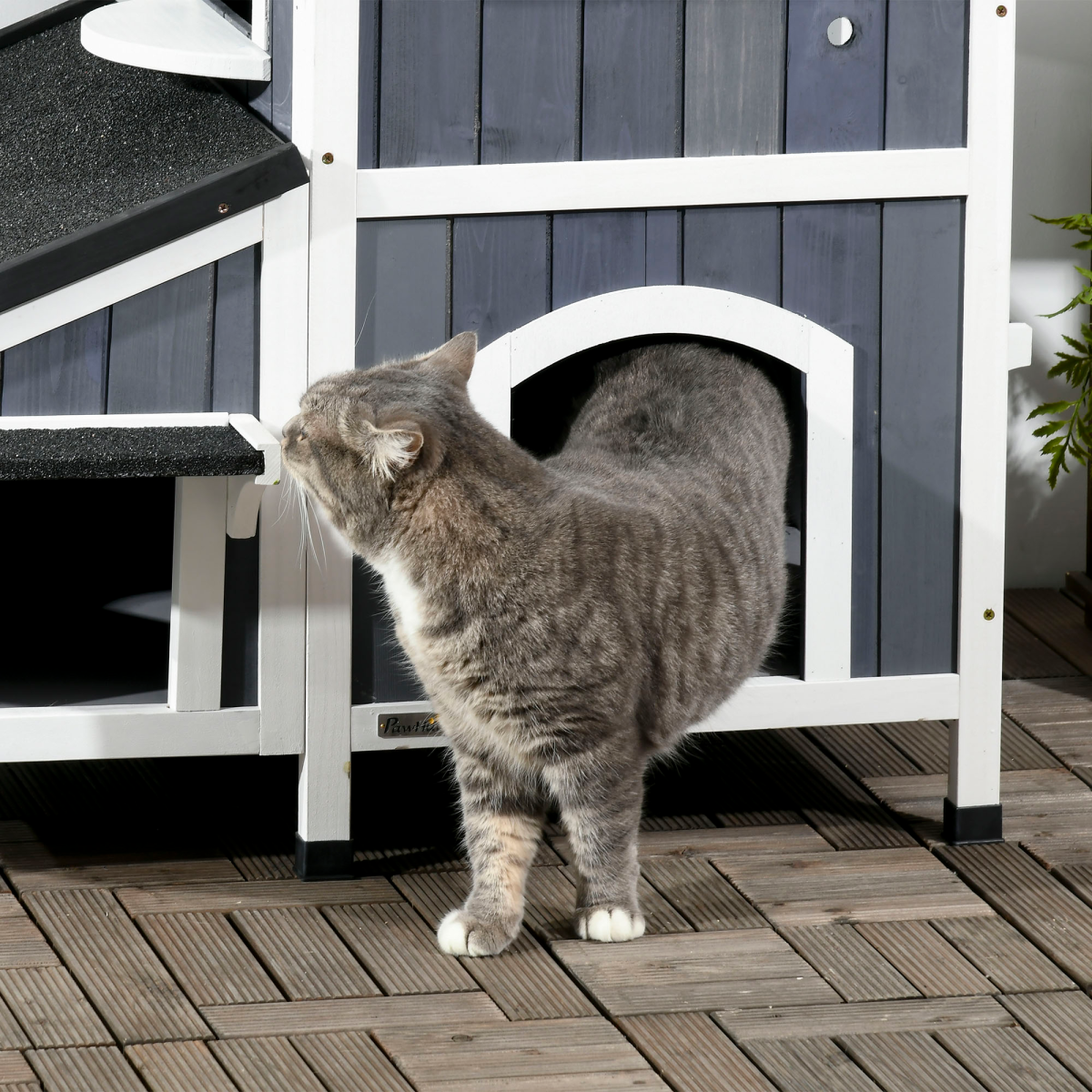 PawHut Wooden Cat House Outdoor w/ Flower Pot, Window, Multiple Entrances