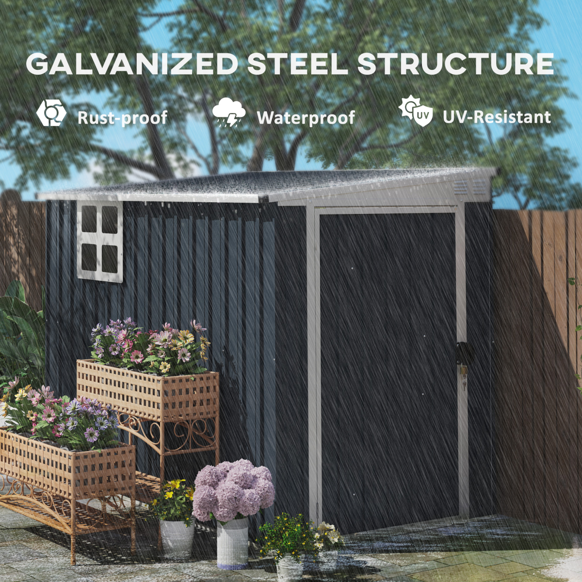 7.6 x 4ft Outdoor Garden Storage Shed with Window, Dark Grey