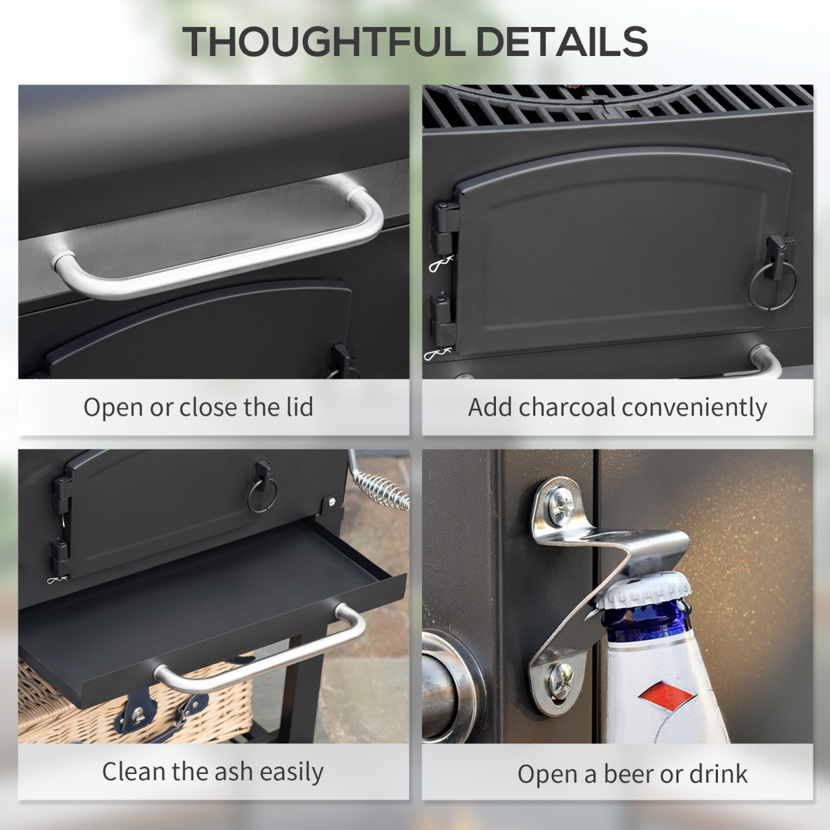 Charcoal Grill BBQ Trolley w/ Adjustable Charcoal Height & Thermometer