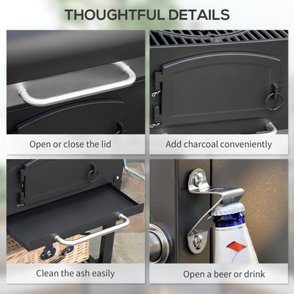 Charcoal Grill BBQ Trolley w/ Adjustable Charcoal Height & Thermometer