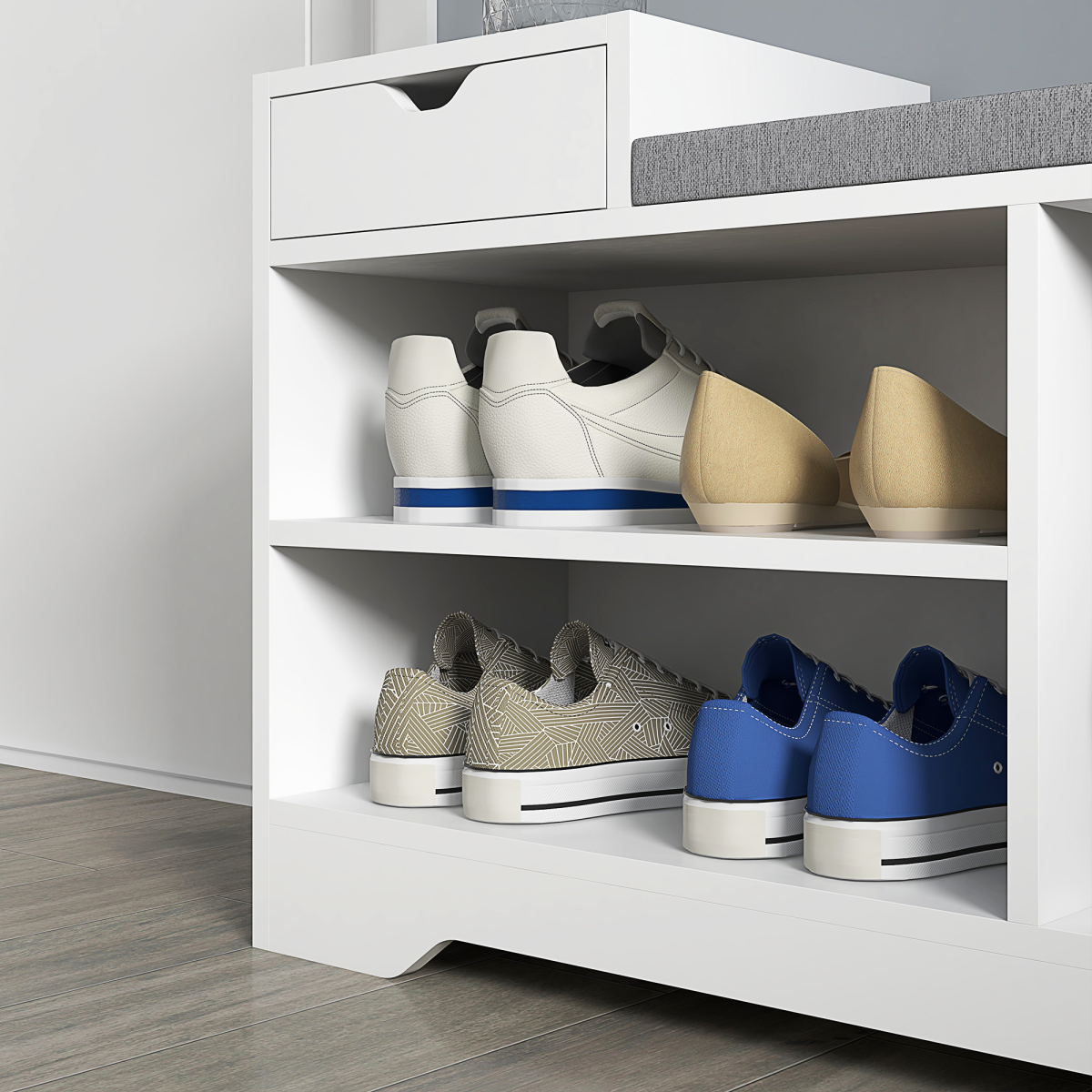 Upholstered Entryway Shoe Bench with Storage Drawer Open Shelf White