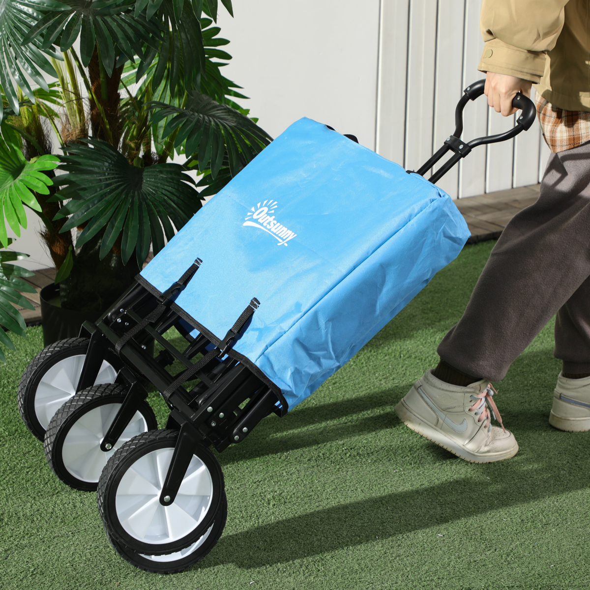 Pull Along Cart Folding Cargo Wagon Trailer Trolley For Beach Garden w/ Handle