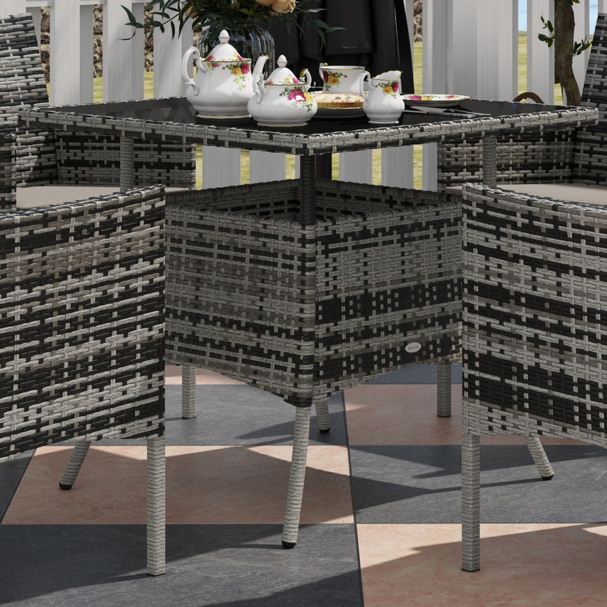 4 Seater Rattan Garden Furniture Set w/ Tempered Glass Tabletop - Grey