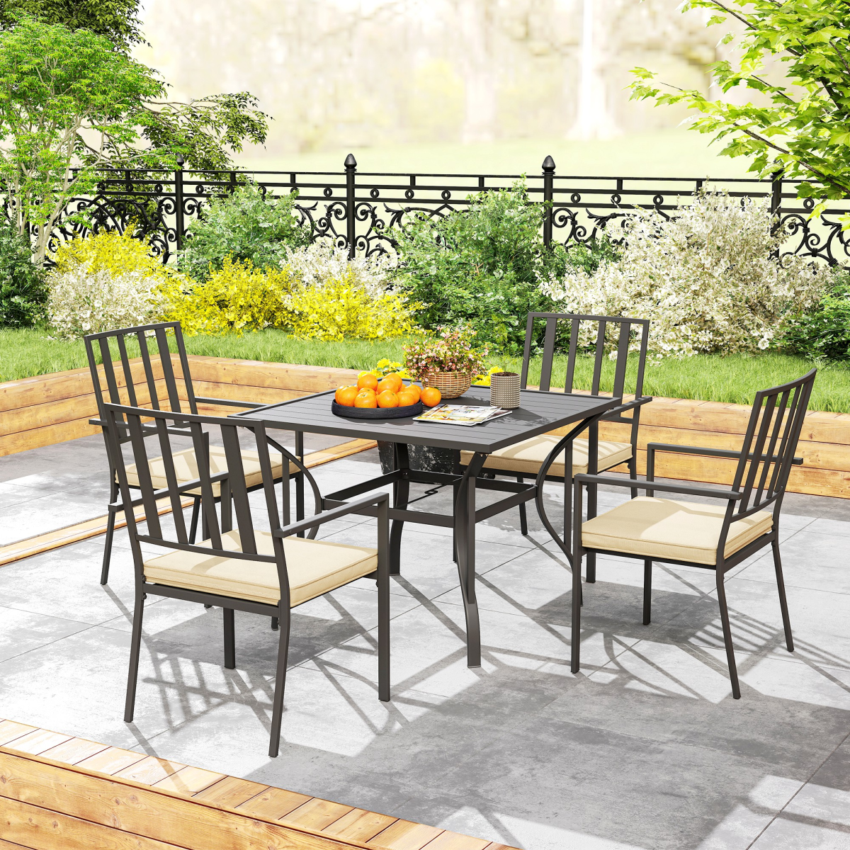 Garden Dining Set w/ 4 Stackable Cushioned Chairs and Metal Top Table