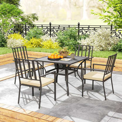 Garden Dining Set w/ 4 Stackable Cushioned Chairs and Metal Top Table