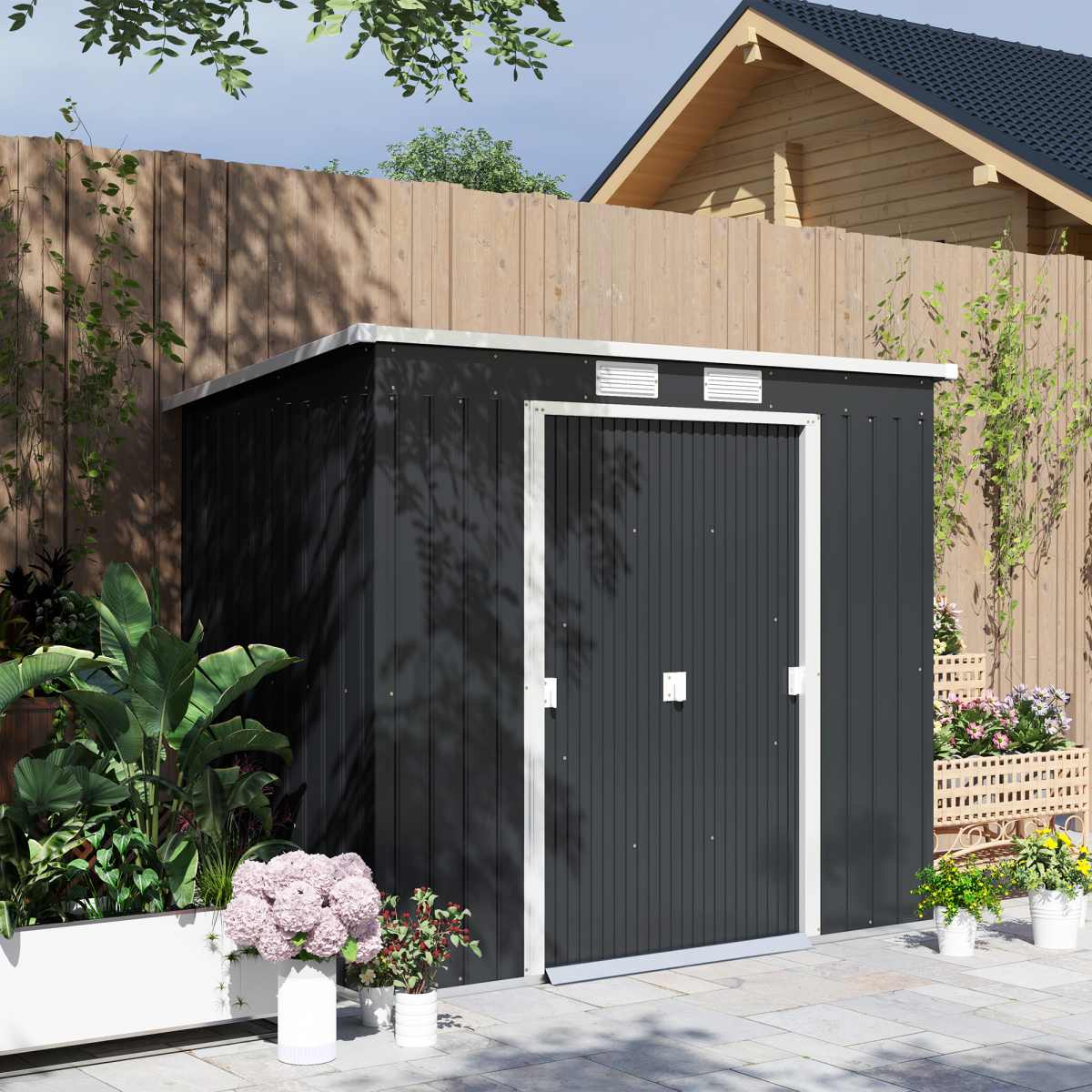 7 x 4ft Metal Garden Storage Shed w/ Double Door Dark Grey
