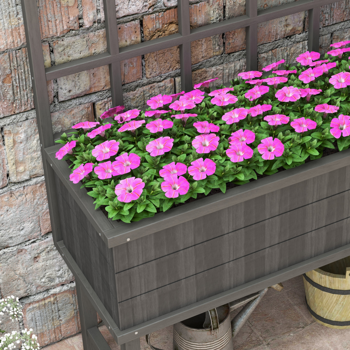Wood Raised Planter w/ Trellis Drain Holes Elevated Garden Bed Grey
