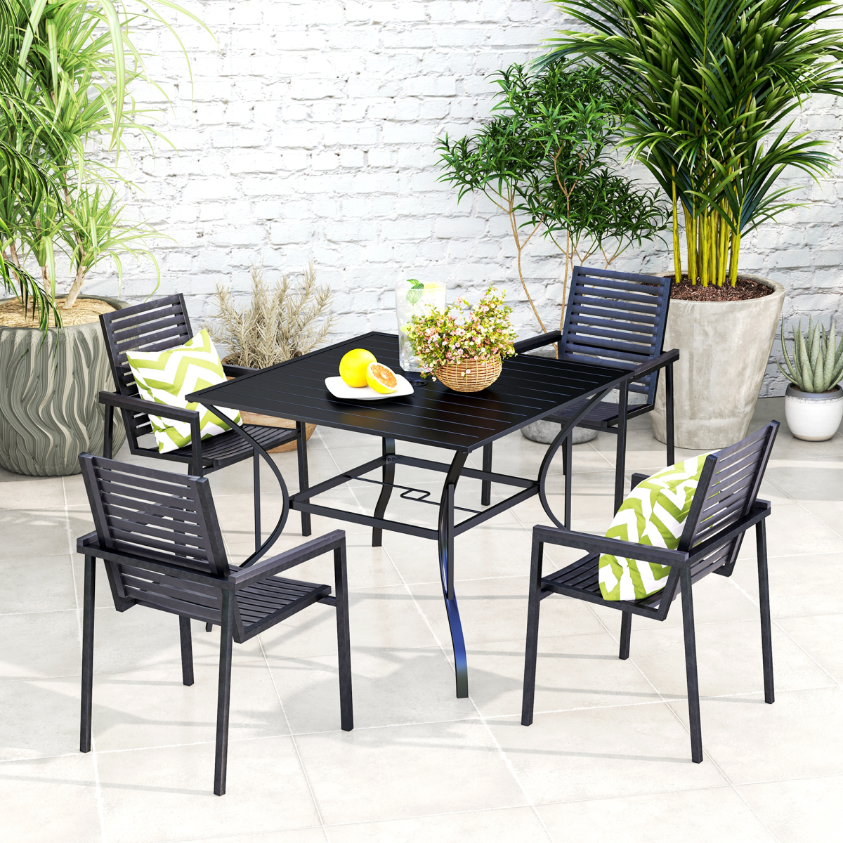 Garden Table with Parasol Hole for Four, Slatted Metal Plate Top