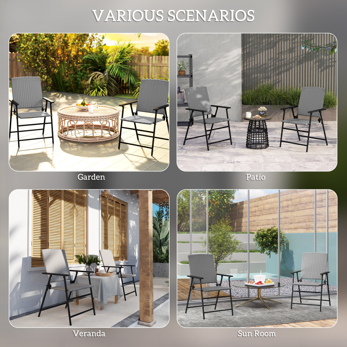 2pcs Rattan Chair Foldable Garden Furniture w/ Armrest Grey
