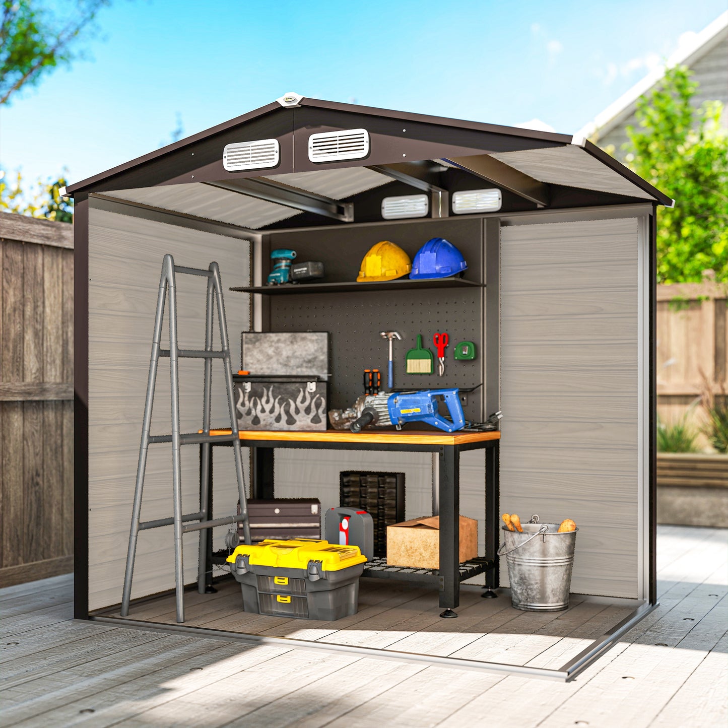 6.2 x 4.3ft Garden Metal Shed with Vent for Garden, Patio, Oak