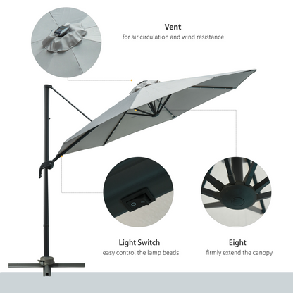 3m Cantilever Roma Parasol Patio Sun Umbrella with LED Solar Light, Grey