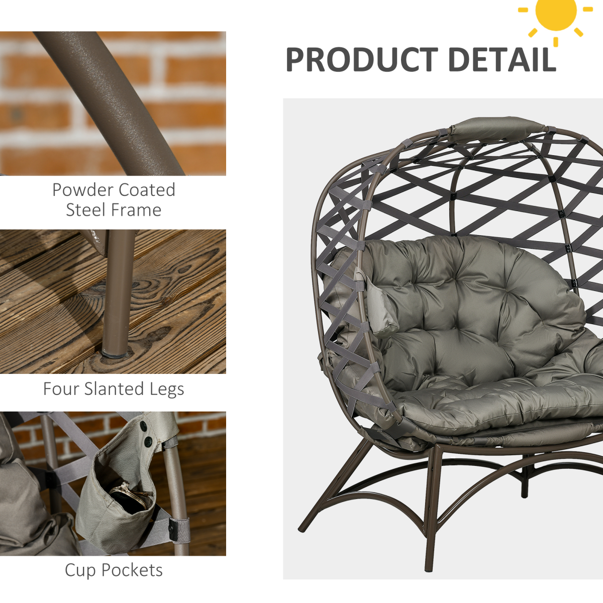 2 Seater Egg Chair Outdoor with Cushion, Cup Pockets - Sand Brown