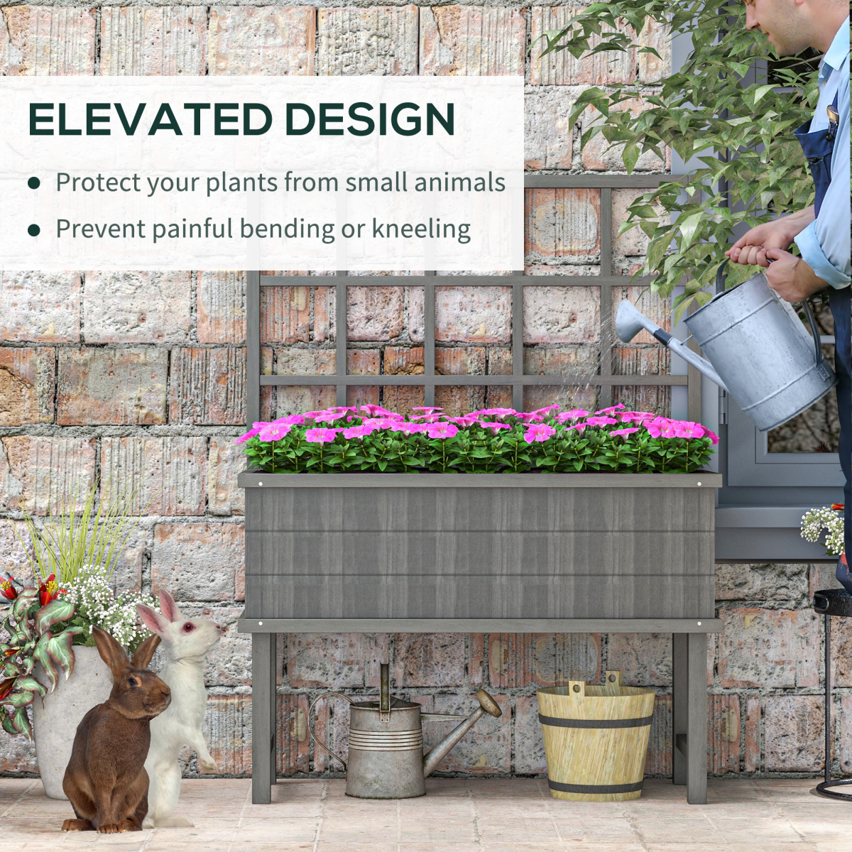 Wood Raised Planter w/ Trellis Drain Holes Elevated Garden Bed Grey