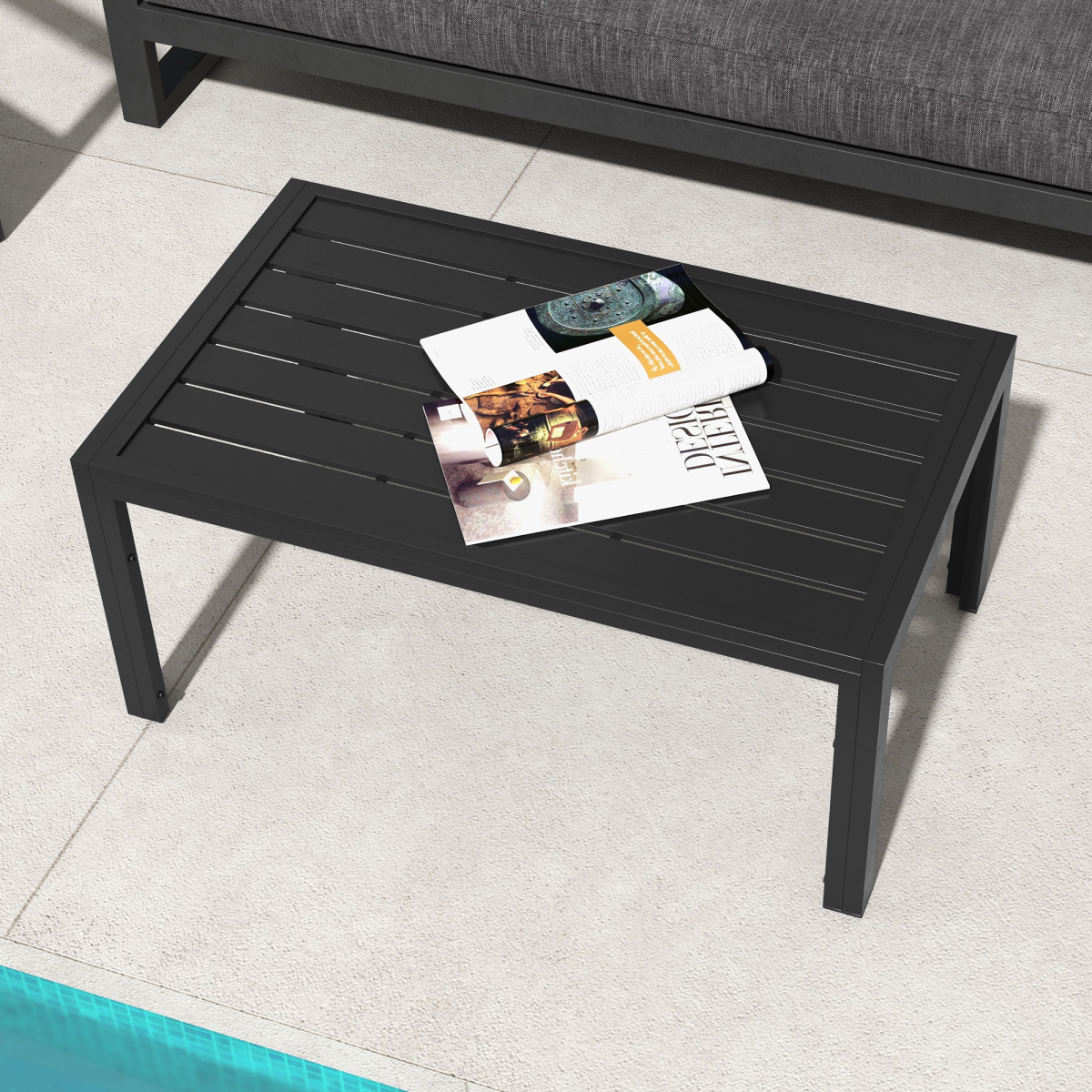 Outdoor Side Table Garden Table with Steel Frame and Slat Top Black