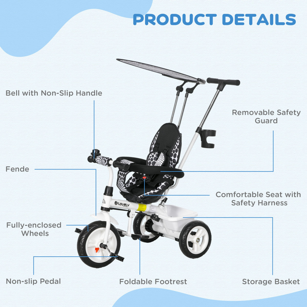 6 in 1 Kids Tricycle w/ Removable Handle for 1.5 year, White