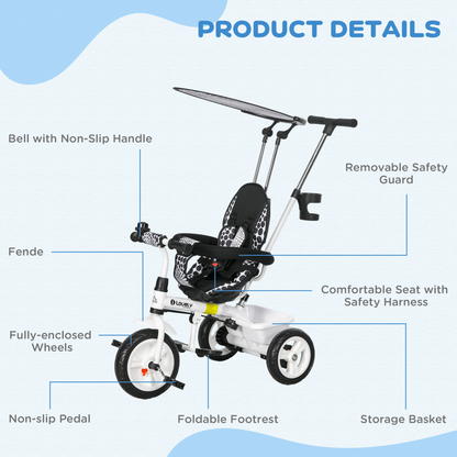6 in 1 Kids Tricycle w/ Removable Handle for 1.5 year, White