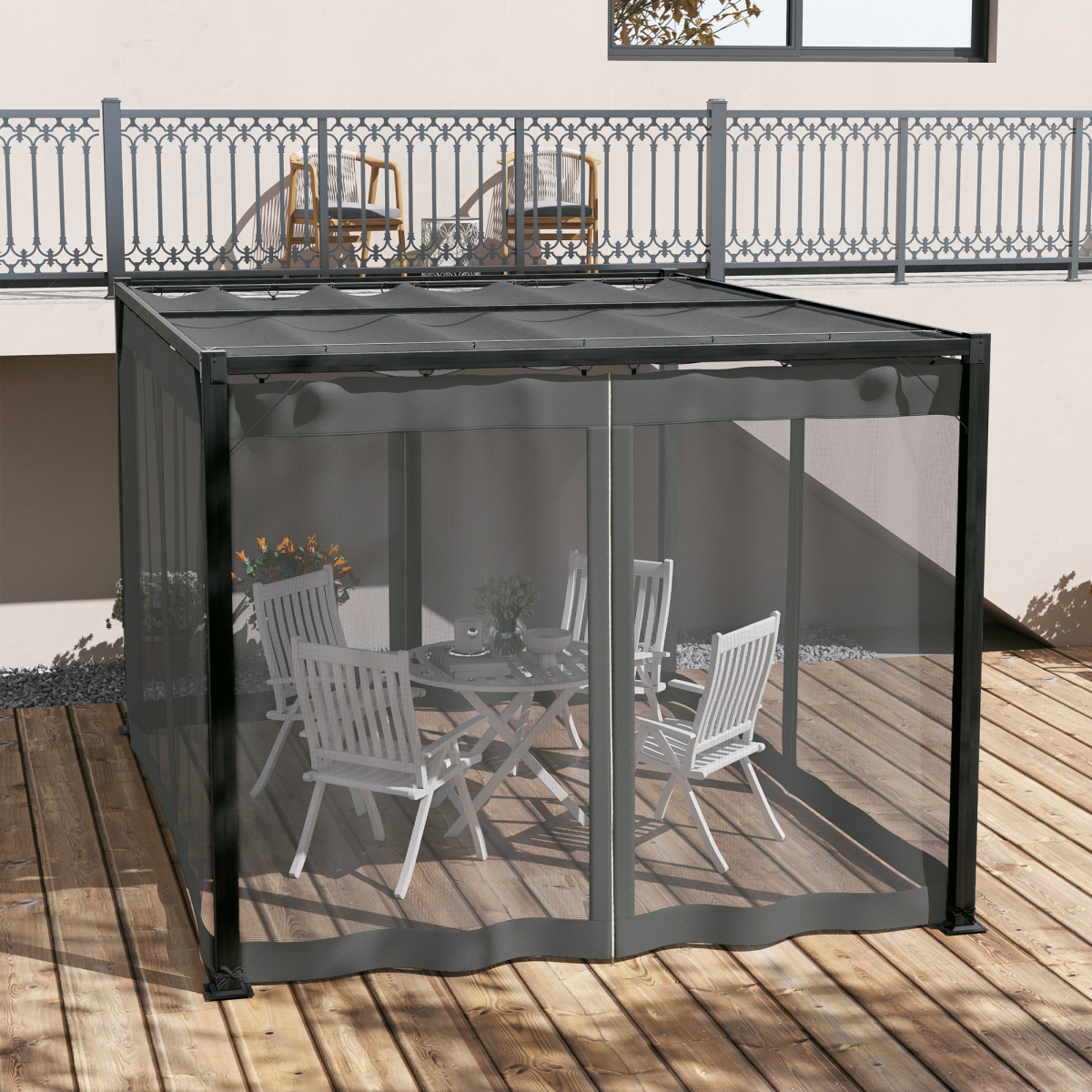 3 x 4m Pergola with Retractable Roof and Netting, Dark Grey