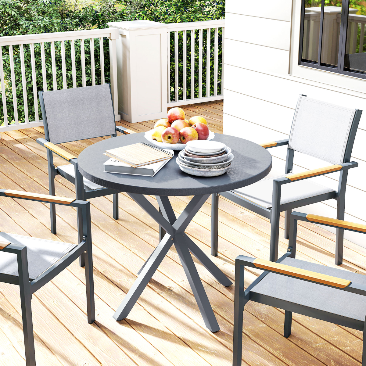 Garden Table with Steel Frame, Wood Effect Top, for Balcony, Deck