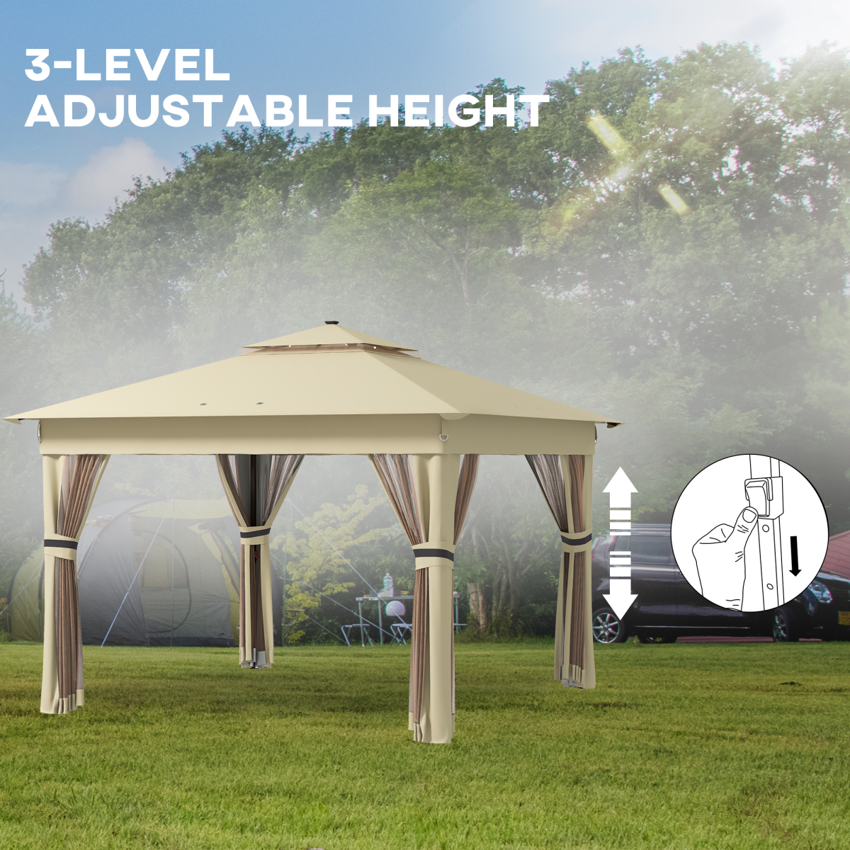 3x3(m) Pop Up Gazebo w/ Solar-Powered LED Lights Curtain Netting Khaki