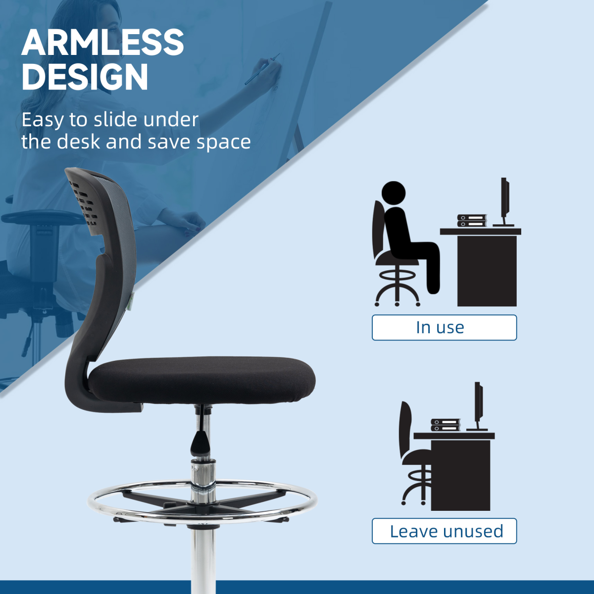 Draughtsman Chair, Tall Office Chair with Lumbar Support, Grey