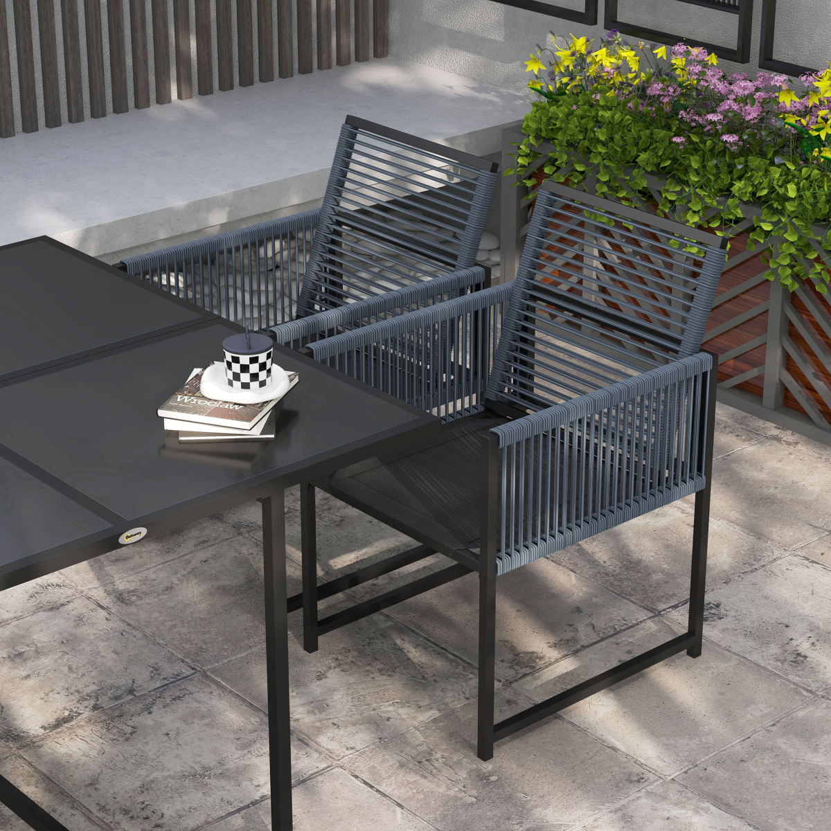 5 Pieces Patio Dining Set with Foldable Back for Poolside, Dark Grey