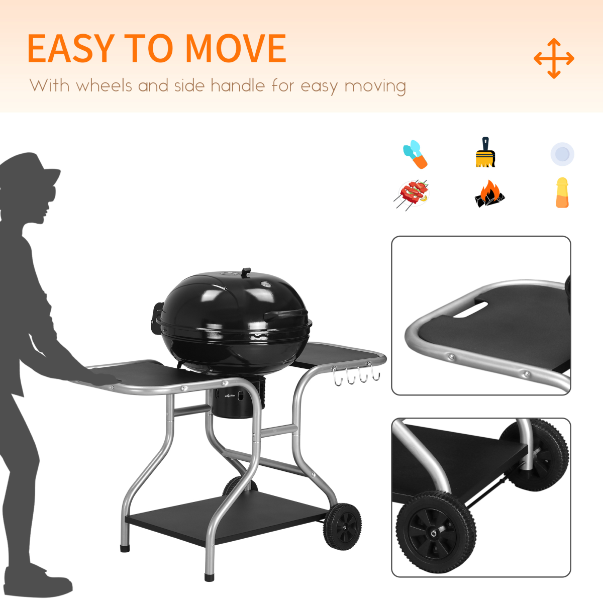 Garden Charcoal Trolley Barbecue Gril lW/Wheels-Black