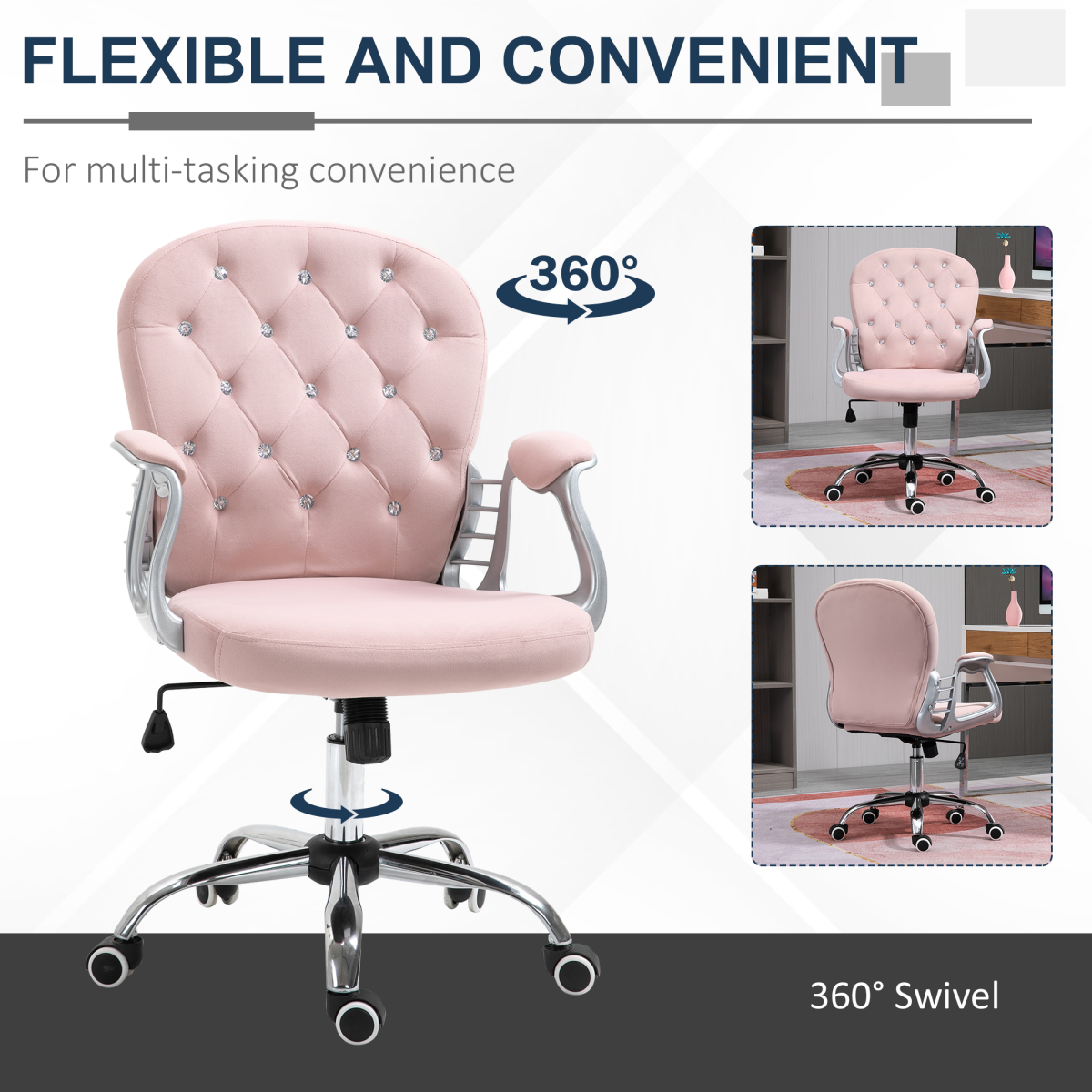 Office Chair Luxury Velour Diamond Tufted Padded Ergonomic 360 Swivel Pink