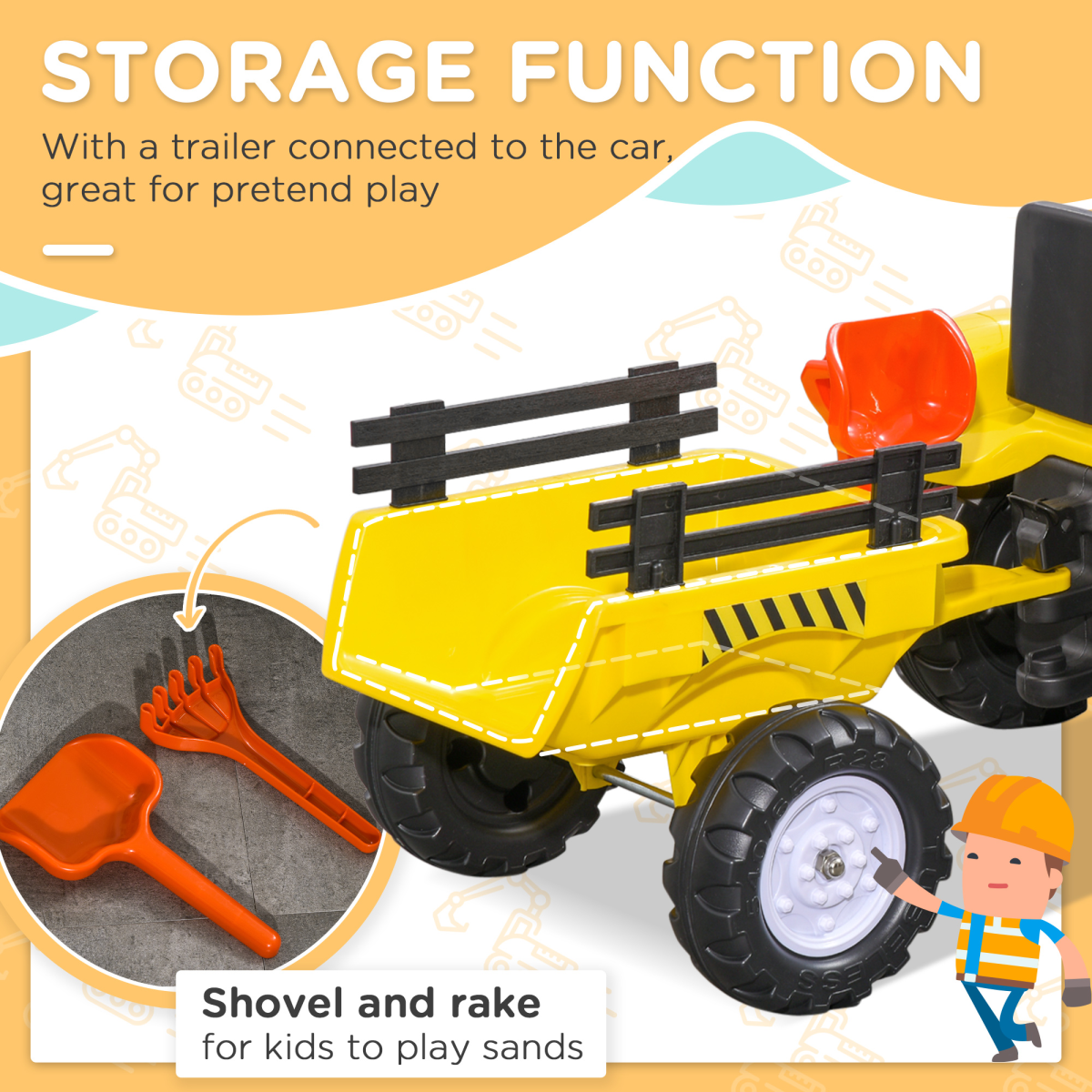 Pedal Go Kart Ride on Tractor with Shovel & Rake Four Wheels Child Toy